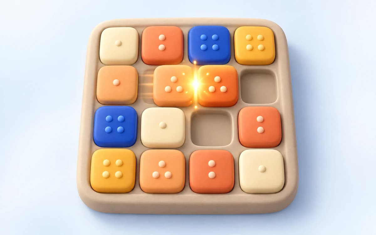 ภาพประกอบเกม 2048 แผ่นป้ายสองแผ่นกำลังรวมกันในถาด 4×4
